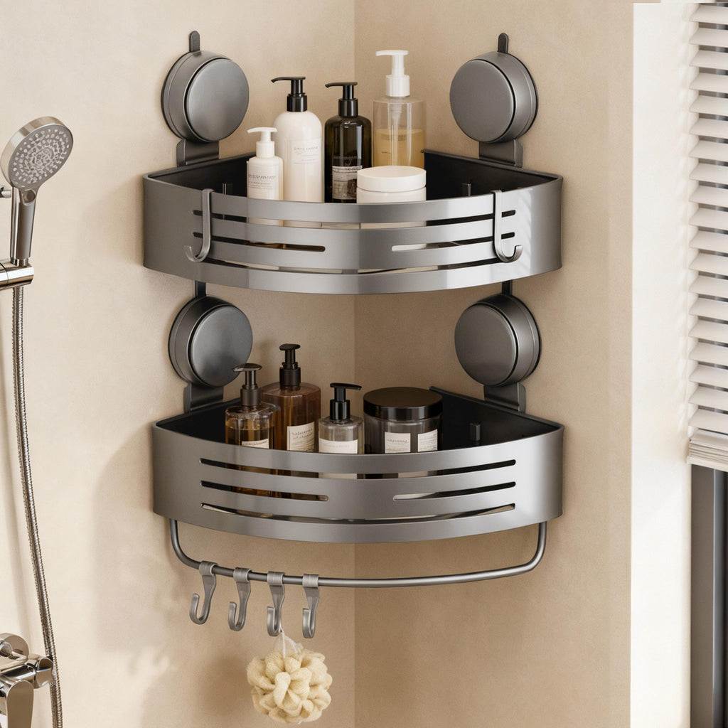 Structoline Corner Shower Caddy Bathroom Organizer,2-Packed Gray No-Drilling Aluminum Suction Cup Corner Shower Shelf with Towel Bar and Hooks,Moder Wall Shower Organizer and Storage Decor