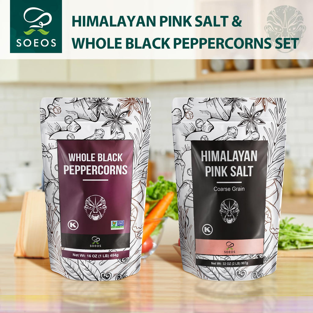 Soeos Whole Black Peppercorns & Himalayan Pink Salt Set - 12oz Black Pepper & 2lb Pink Salt