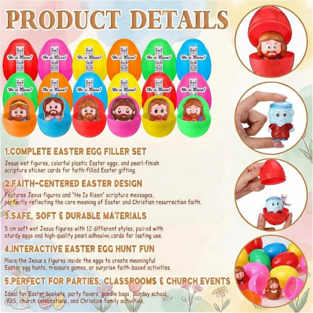 Novabright Easter Egg Set - 36 Colorful Eggs with Jesus Figures & Scripture Stickers for Church Hunts