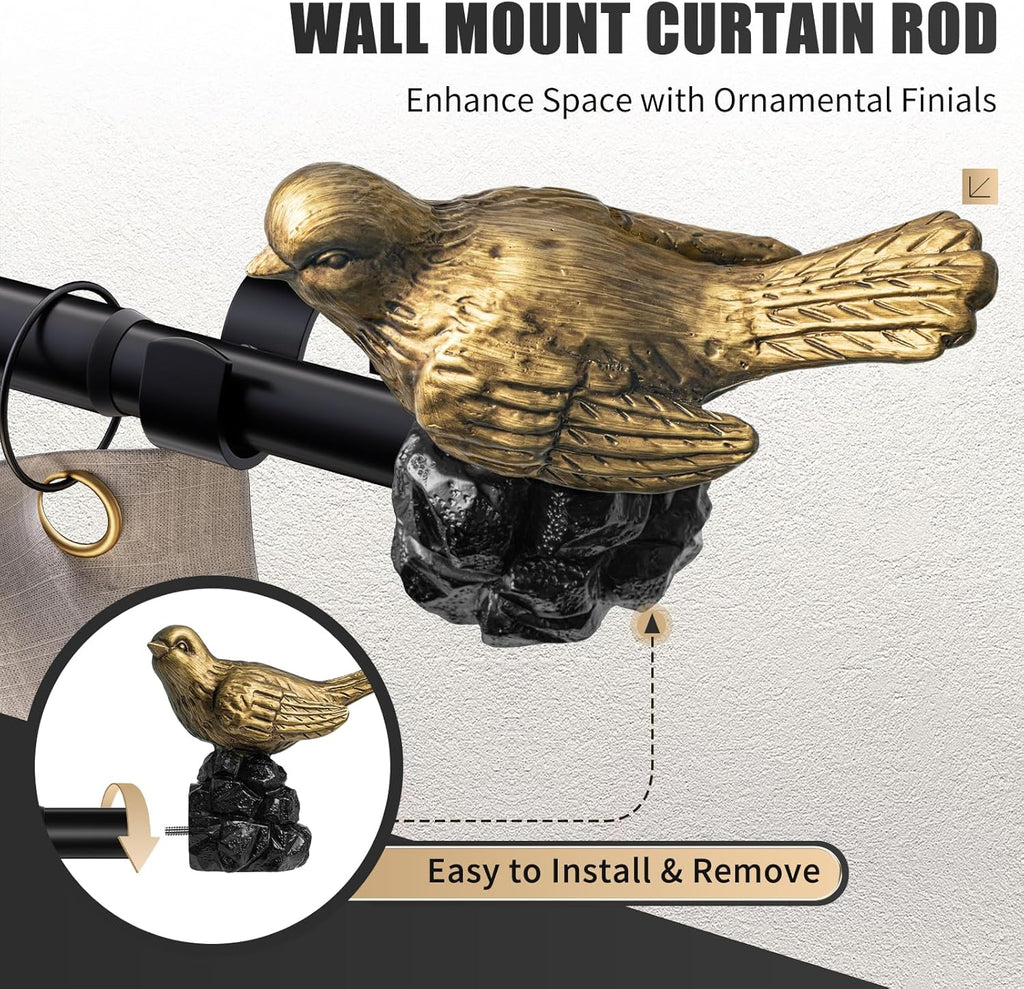 Vintage Black Curtain Rod - Adjustable 18 to 45 Inches | Heavy-Duty Drapery Rod with Gold Bird Finials