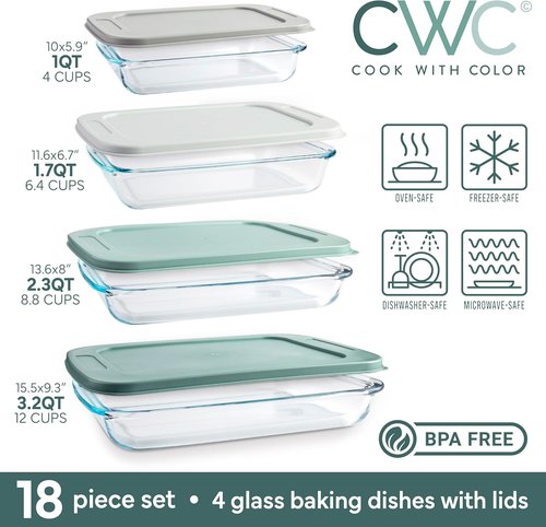 Cook With Color 8-Piece Deep Glass Baking Dish Set - Versatile Casserole & Food Storage Containers | Microwave & Dishwasher Safe, Sage