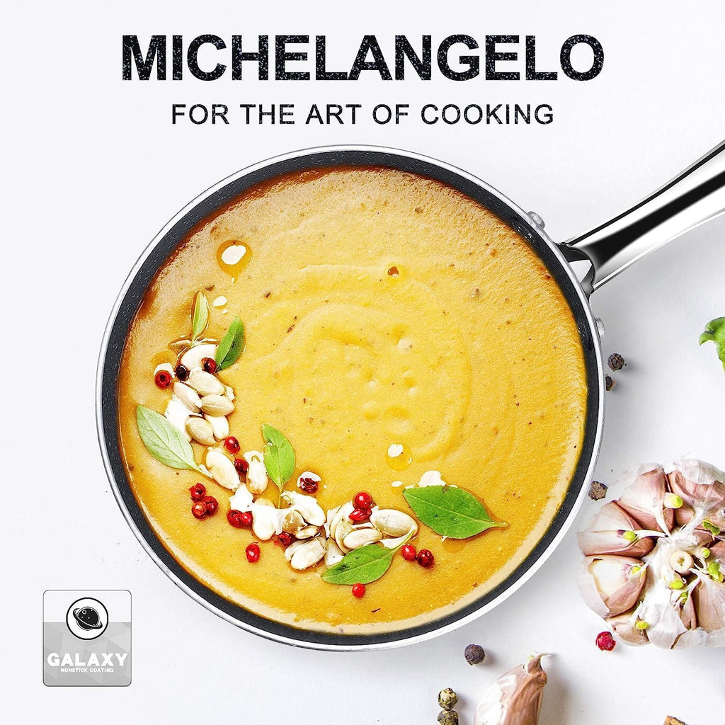 MICHELANGELO Nonstick Sauce Pan with Lid - 1 Quart Granite Cookware with Stainless Steel Handle | Grey