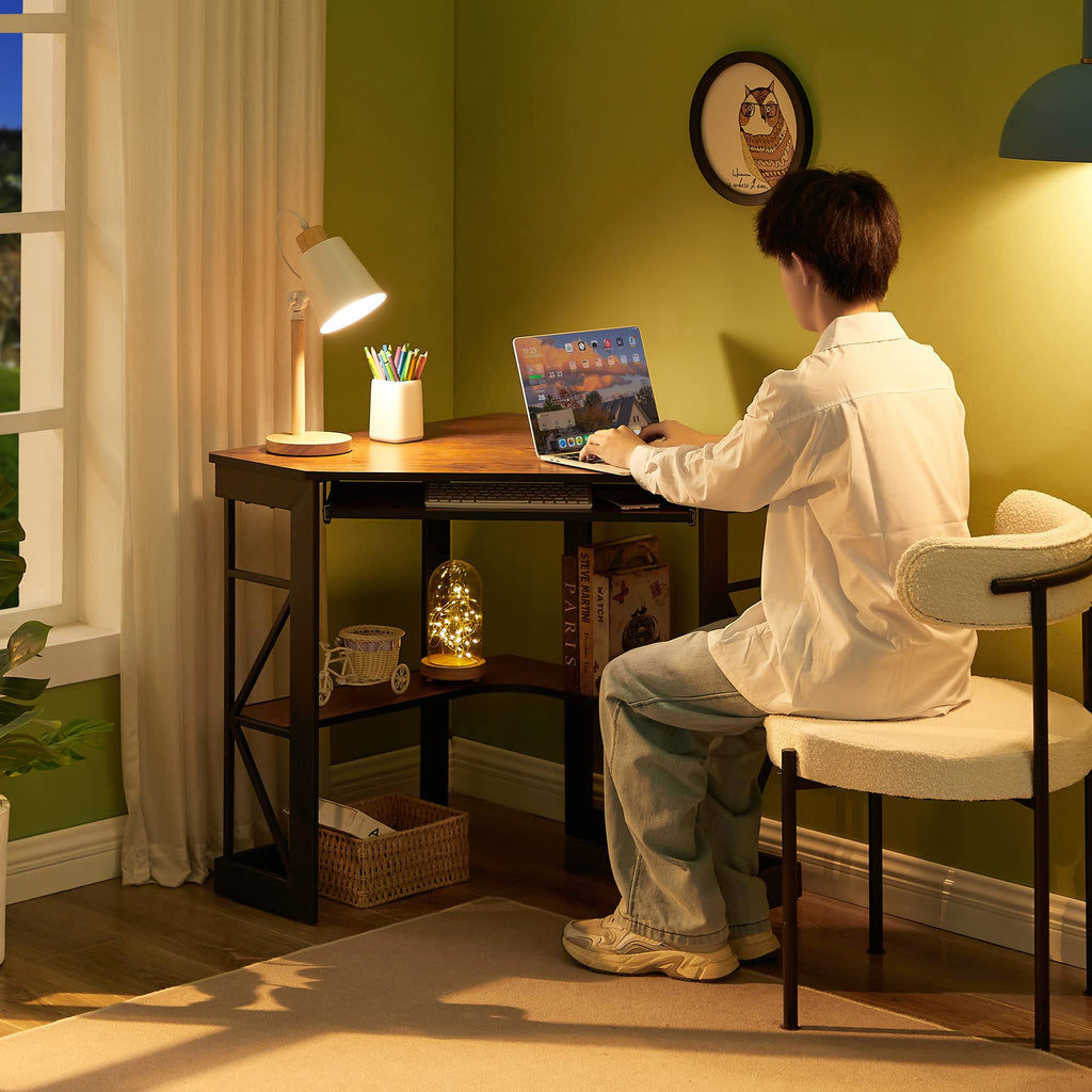 VECELO Corner Desk Computer Desk Writing Table with Smooth Keyboard Tray & Storage Shelves,Compact Home Office Triangle Table,Teak