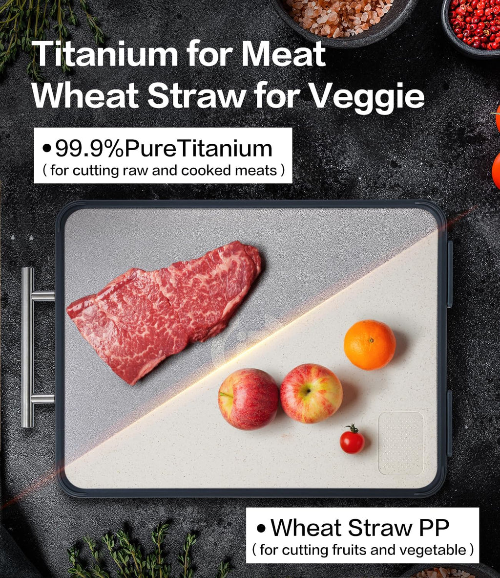 Titanium Cutting Board - Double-Sided Food-Grade Board with Stand | Textured Titanium for Meat & PP for Veggies (14.5” x 11”)