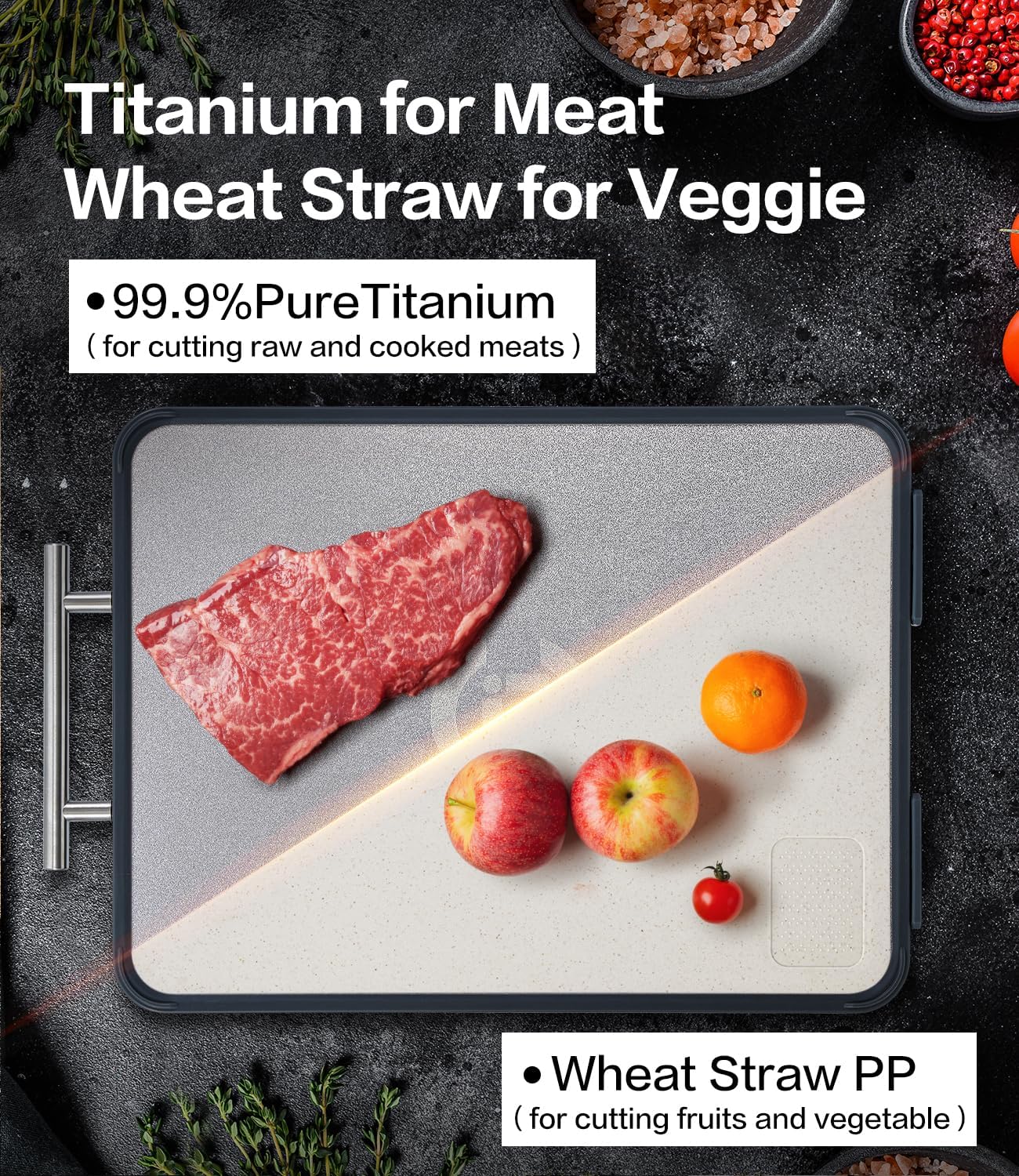 Titanium Cutting Board - Double-Sided Food-Grade Board with Stand | Textured Titanium for Meat & PP for Veggies (14.5” x 11”)