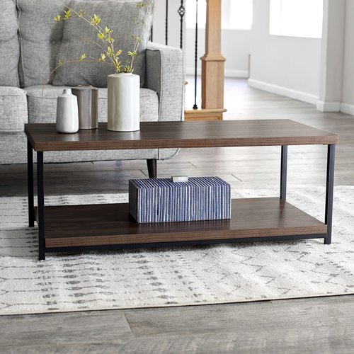 Household Essentials Jamestown Rectangular Coffee Table with Storage Shelf Mid Century Walnut Wood Grain and Black Metal