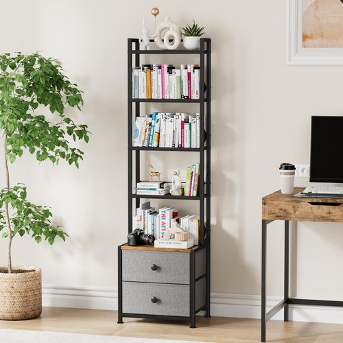 Epouseter CD Storage Rack with Drawer, 5-Tier DVD Organizer Shelf w/Adjustable Book Stoppers, Media Storage Rack for CD/DVD, Books & Games, Ideal for Living Room & Home Office – 15.7x11.8x56.5Inches
