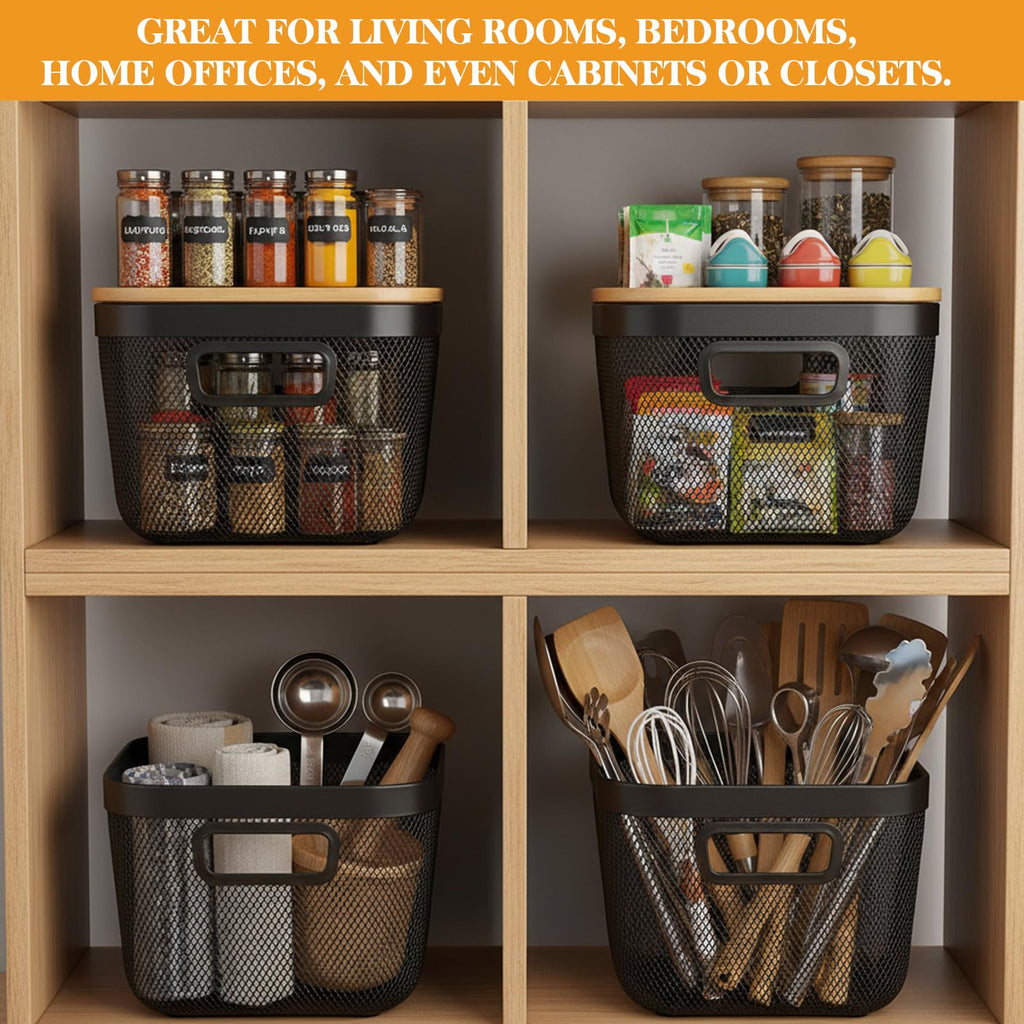 Maxdot 4 Pack Metal Mesh Steel Basket with Bamboo Lids 9.65 x 9.65 x 6.89 Inches Stackable Metal Mesh Basket with Handles Wire Storage Bin for Storage Fruits Pantry Bathroom Kitchen Cabinets Shelves