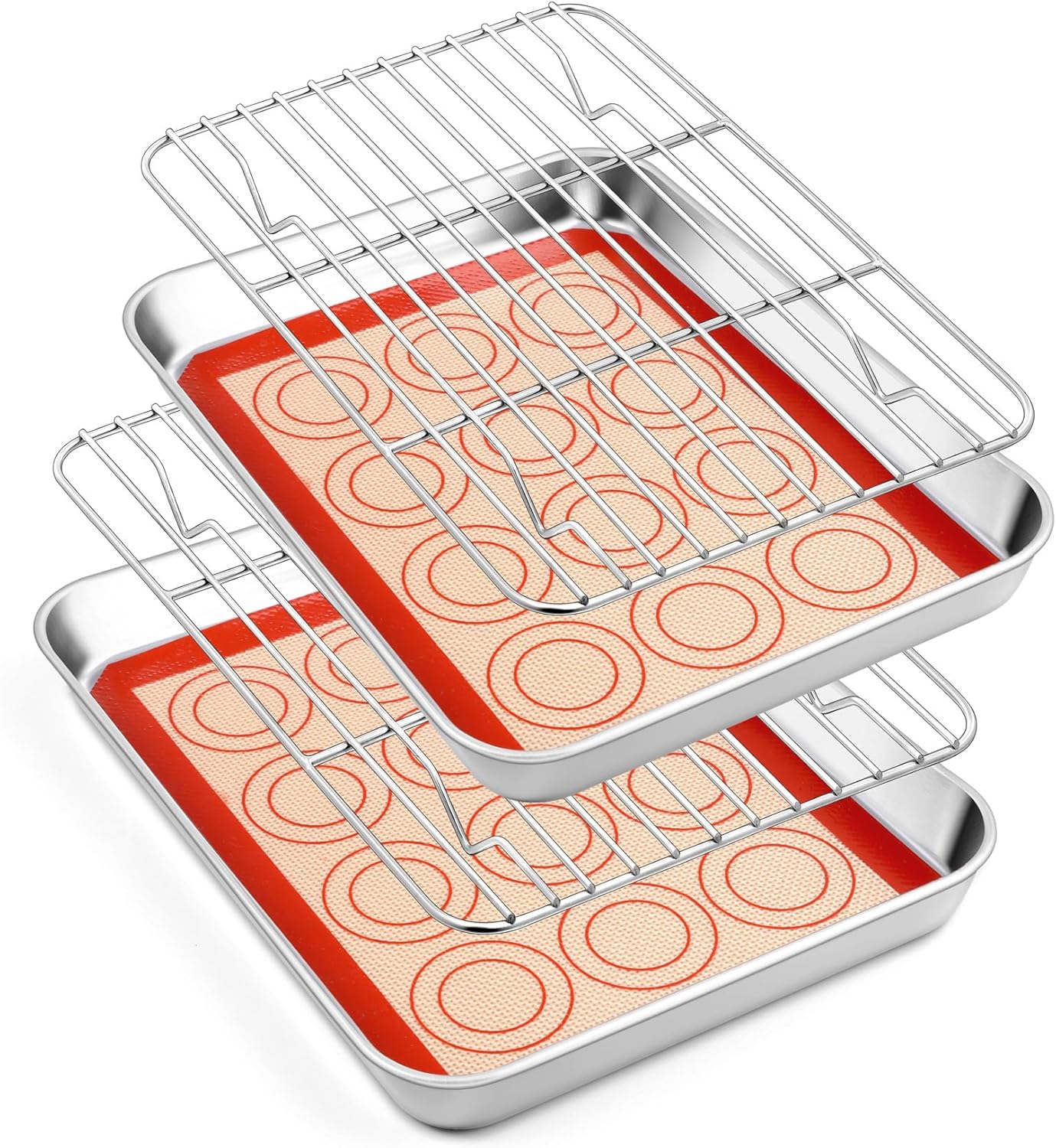 TeamFar Stainless Steel Toaster Oven Tray Set - 9.3 Inch Baking Sheets with Cooling Racks & Silicone Mats, Non-Toxic, Easy Clean