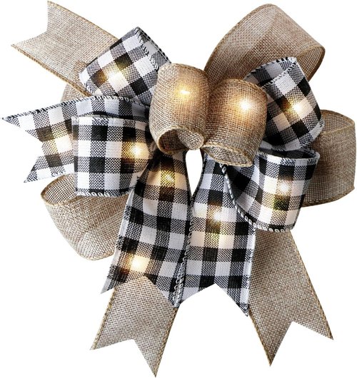 LED Christmas Wreath Bow by Buffalo Plaid - Rustic Black & White Burlap with Lights | 9.5 x 13 Inch