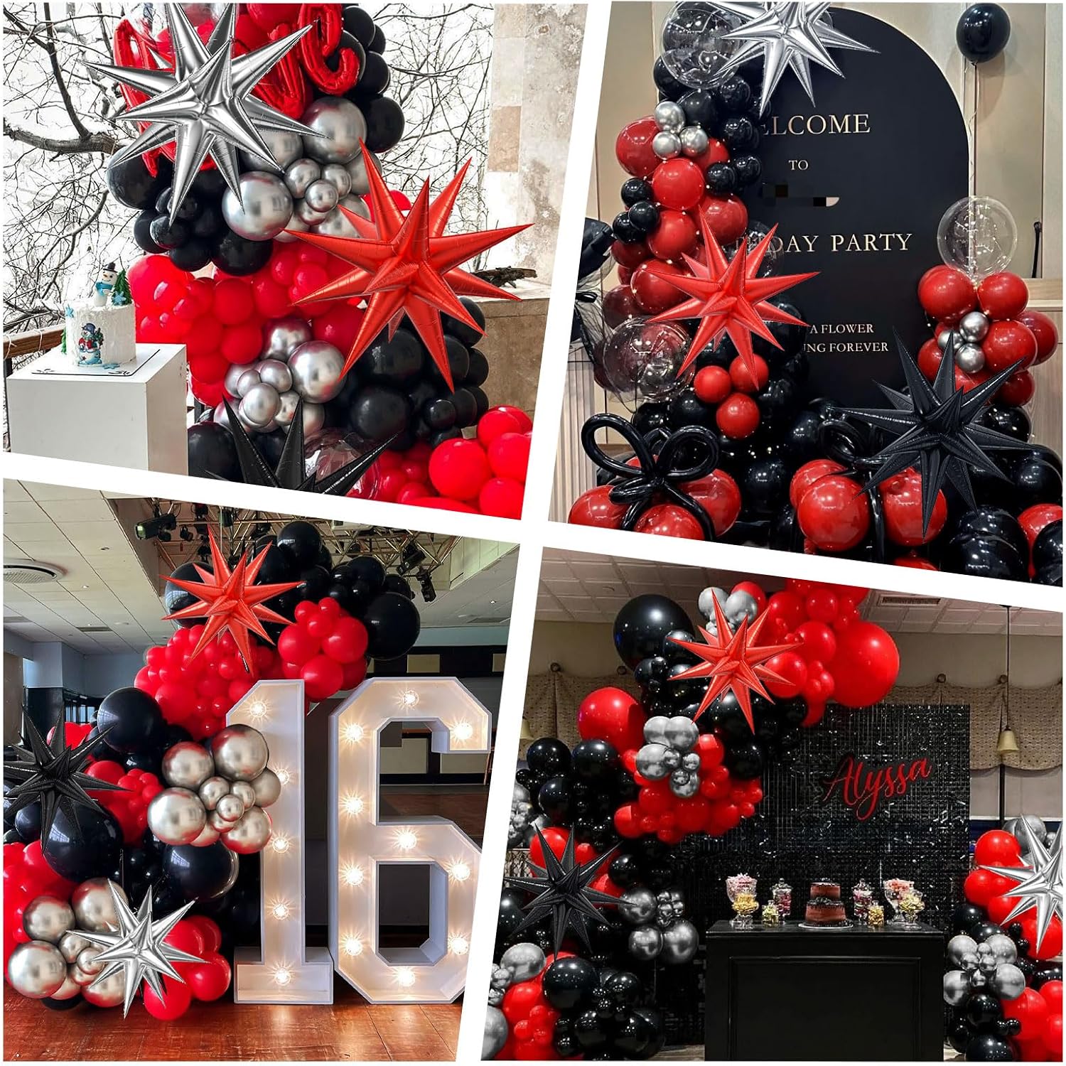 Red & Black Balloon Arch Kit - 3 Star Balloons & Garland for Birthday, Graduation, New Year Celebrations