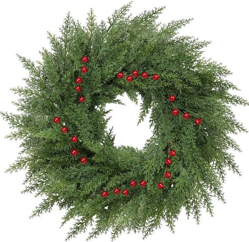 Lush Christmas Wreath - 24-Inch Real Touch Faux Cedar with Red Berries | Indoor & Outdoor Holiday Decor