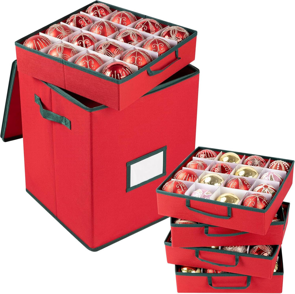 OIAHOMY Christmas Ornament Storage Box - Holds 80 Ornaments with Trays & Zippers, 600D Oxford Fabric - Red