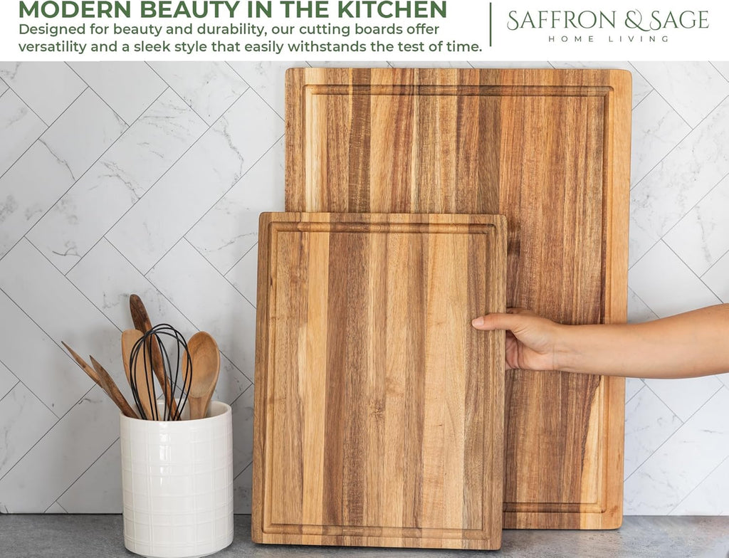 Saffron & Sage Large Wood Cutting Board - Thick 16 x 12 x 1.5 Inch Acacia with Deep Juice Groove | Reversible Chopping & Charcuterie Board
