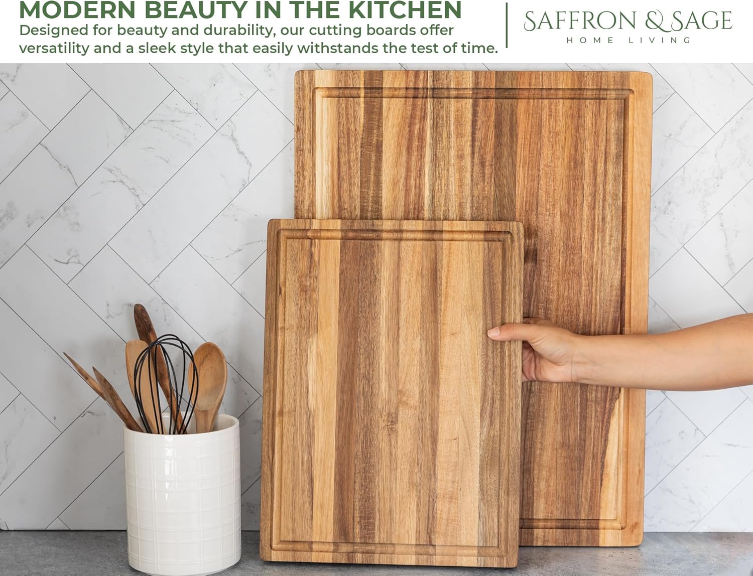 Saffron & Sage Large Wood Cutting Board - Thick 16 x 12 x 1.5 Inch Acacia with Deep Juice Groove | Reversible Chopping & Charcuterie Board
