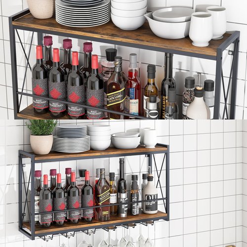 Dokser Wine Rack Wall Mounted Shelf - 2 Tier, Rustic Wood & Industrial Iron Frame Wine Bottle Holder for Kitchen, Dining Room, Home Bar Decor (Brown)