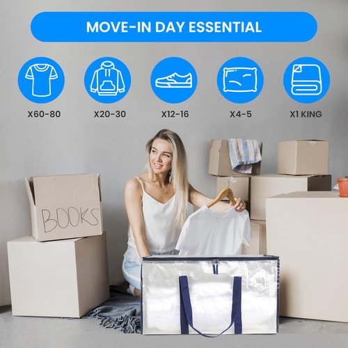 Simple Deluxe 6 Pack Heavy Duty Moving Bags with Reinforced Zippers & Comfortable Handles, Extra Large Foldable Storage Totes for Clothes, College Dorm, White