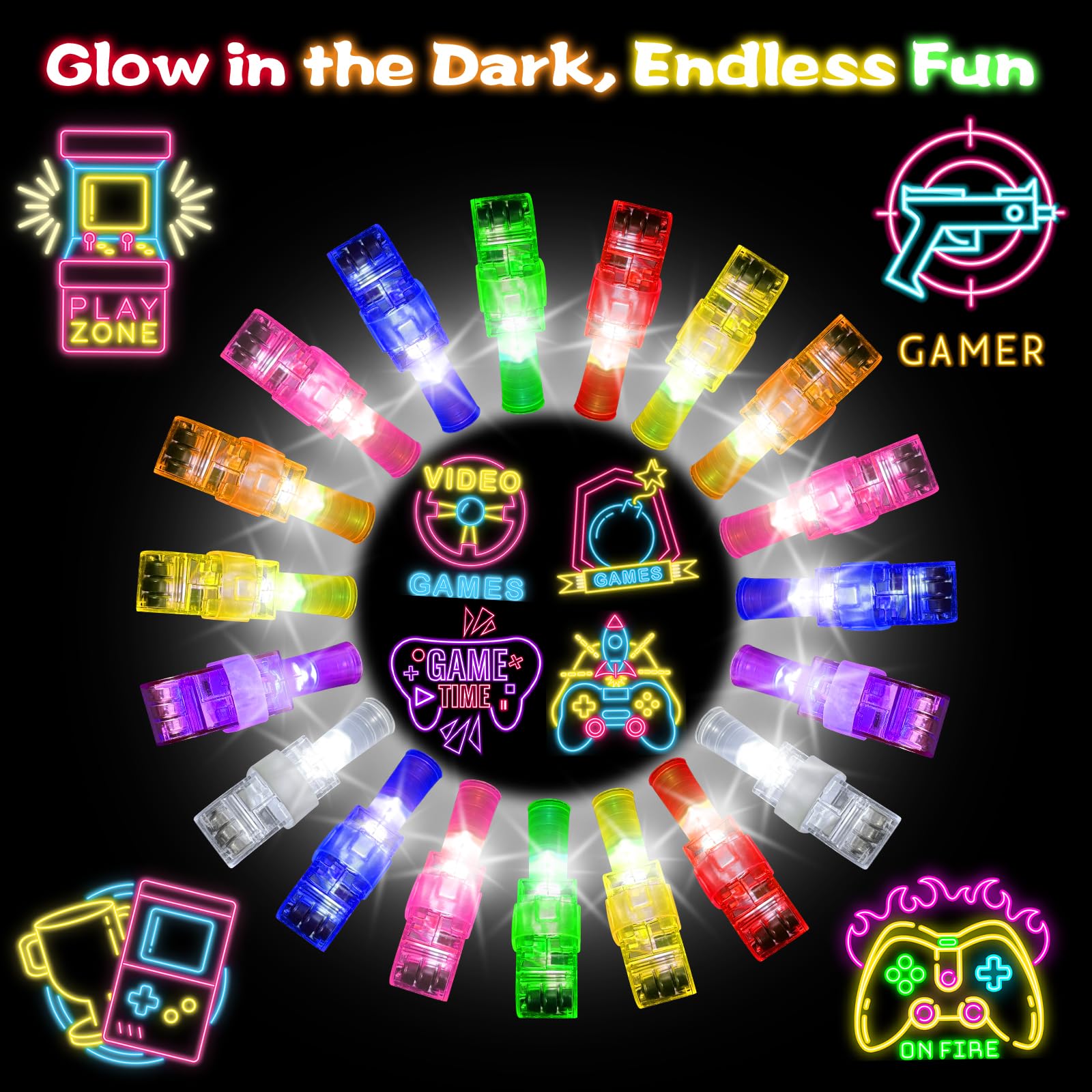 BleSky 24Pack Video Game Party Favors LED Finger Lights,Gamer Birthday Glow in the Dark Light Up Toys for Kids Boy Girl Valentine's Day Easter Basket Essentials Birthday Gamer Gift