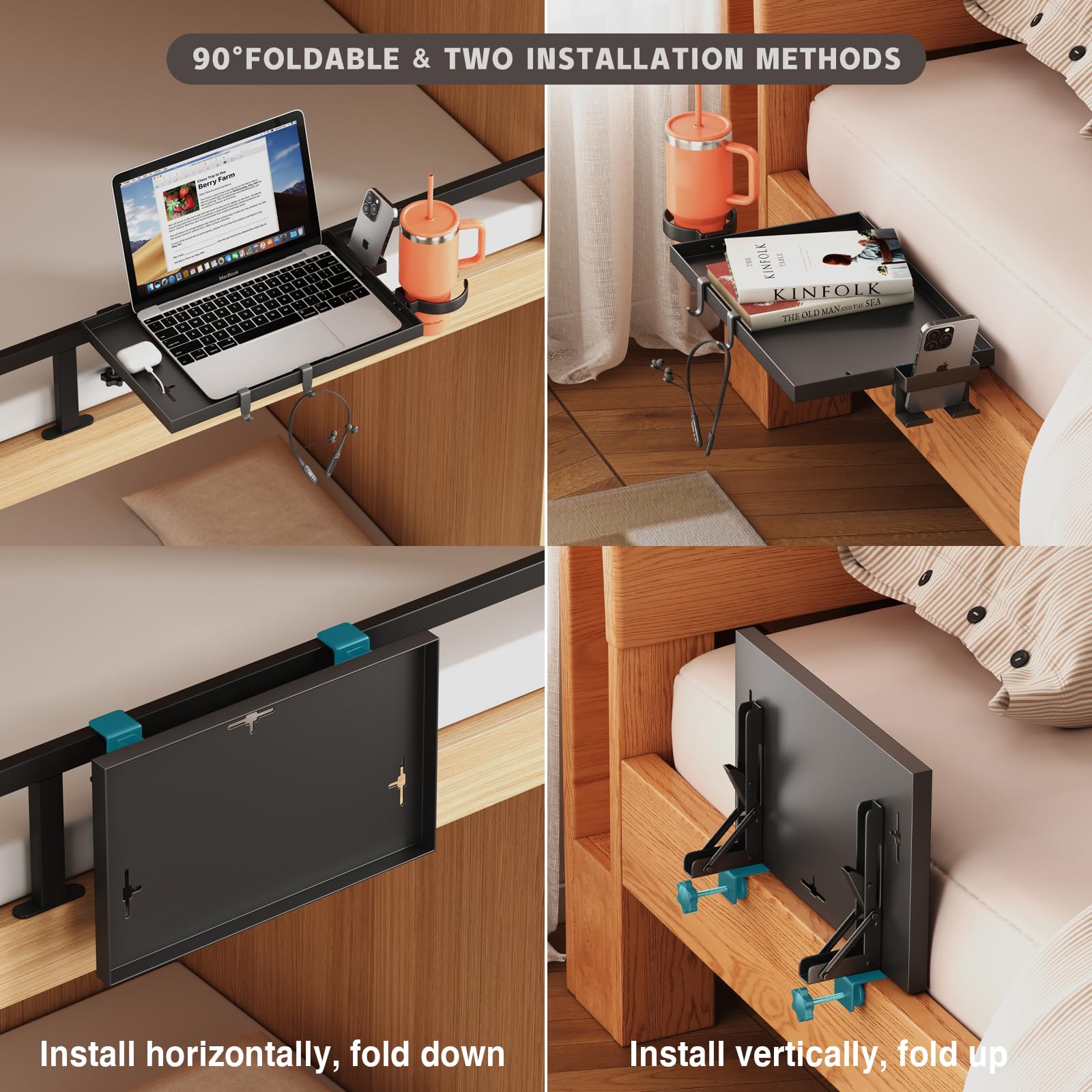 Magheo Bedside Shelf Foldable, Metal Clip-On Bed Shelf for Top Bunk Heavy Duty Bed Side Table Tray for College Dorm Essentials, Loft Nightstand Organizer Tray with Removable Cup & Phone Holder(Black)