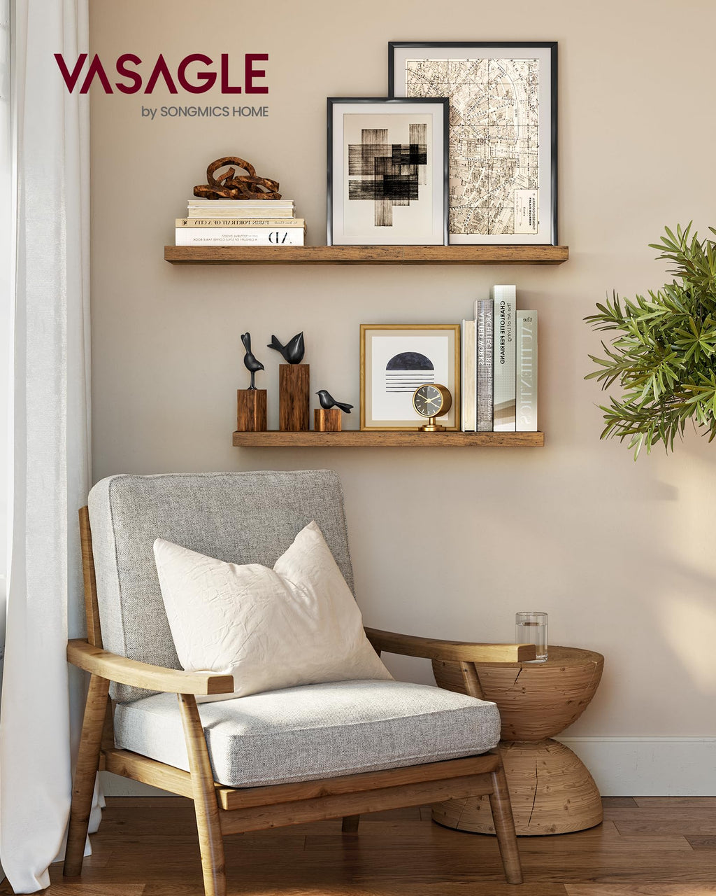 VASAGLE Wall Shelves Set of 2, Floating Shelves, Wall Mounted, 8 x 15.7 x 1.5 Inches, Display Shelves for Picture Frames, Wall Decor, Hanging Shelf for Living Room, Kitchen, Rustic Brown ULWS054B01