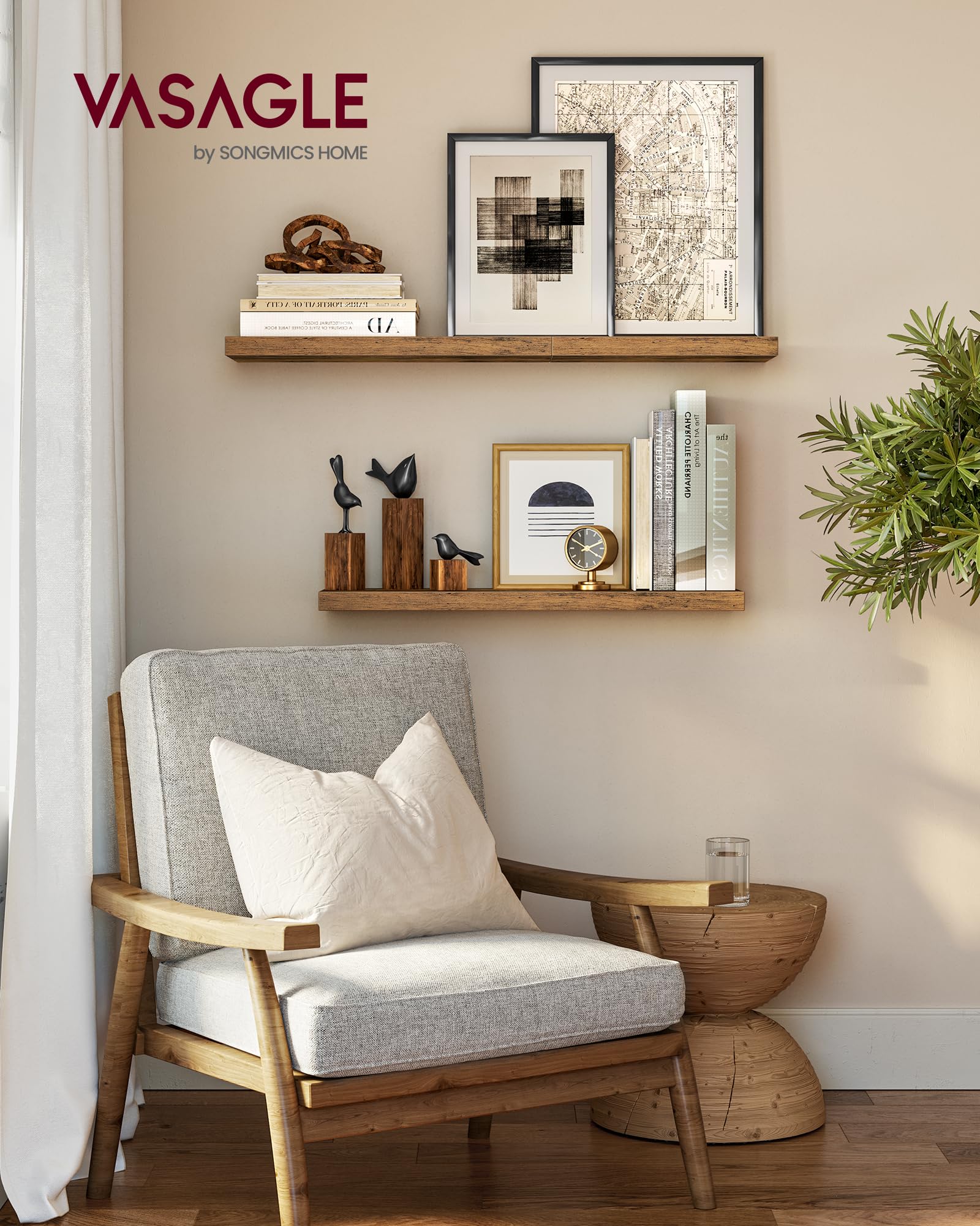 VASAGLE Wall Shelves Set of 2, Floating Shelves, Wall Mounted, 8 x 15.7 x 1.5 Inches, Display Shelves for Picture Frames, Wall Decor, Hanging Shelf for Living Room, Kitchen, Rustic Brown ULWS054B01