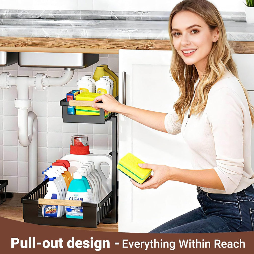Under Sink Organizer by [Brand Name] - L-Shape 2-Tier Pull-Out Cabinet Storage Rack | Adjustable Height, Black, 2 Pack
