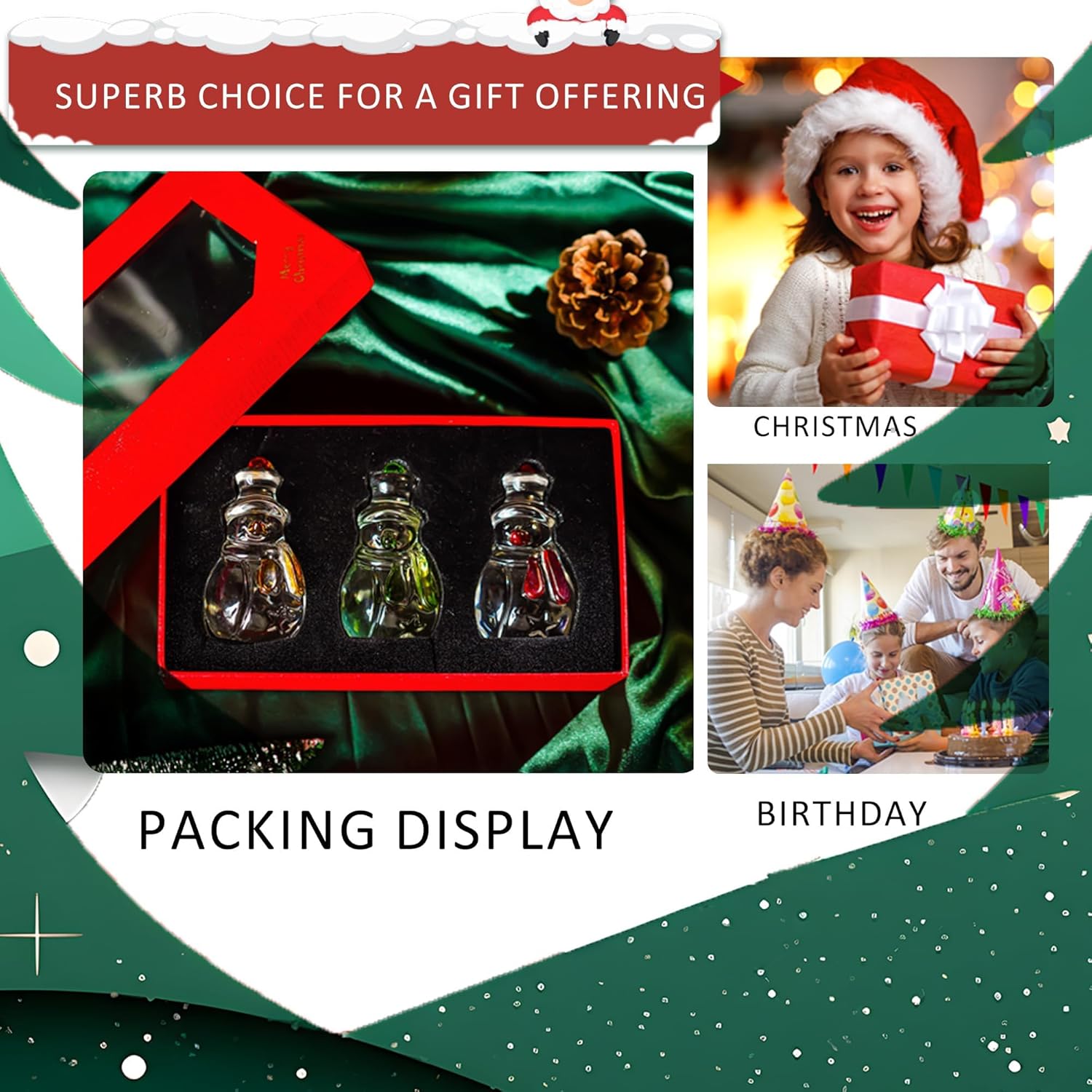 Skiennix Glass Snowman Figurines - Handmade Christmas Decorations | Set of 3, 1.6'' x 4.2''