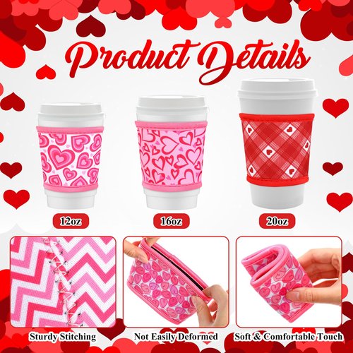 Potchen 16 Pack Reusable Iced Coffee Cup Sleeves Neoprene Insulated Drink Cup Insulator Sleeve for Cold Hot Drinks Ice Coffee Sleeve for 12-16Oz (Valentine)