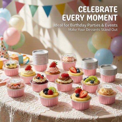 100 PCS Aluminium Foil Baking Cups, Mini Cake Pans with Lids and 100 PCS Spoons, 5 oz Disposable Baking Cups Foil Ramekins For Party Birthday Wedding Valentines (Pink)
