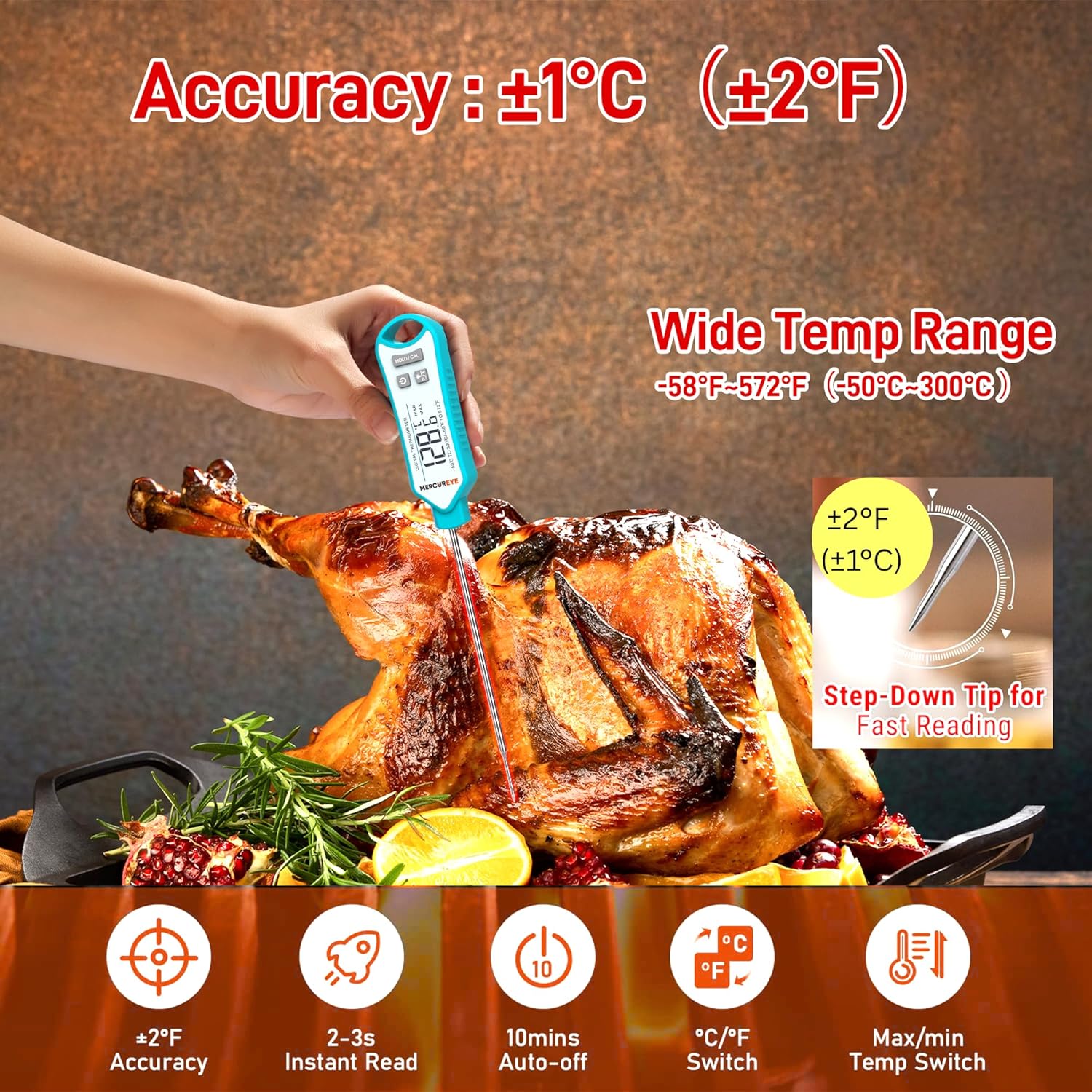 Meat Thermometer Digital - Instant Read Waterproof Kitchen Thermometer with Nonslip Grip | Perfect for Cooking, Candy, and Grilling