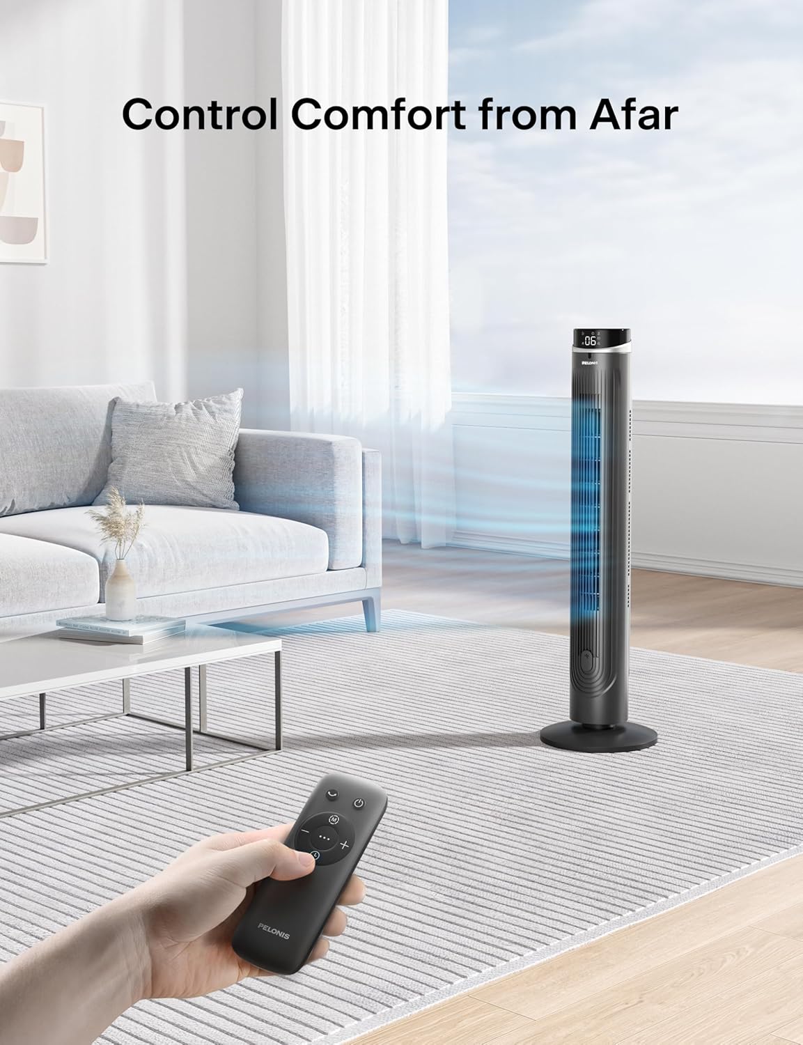 Pelonis 42-Inch Tower Fan - Quiet 90° Oscillation, 5 Speeds, Remote Control & Eco Mode | 12H Timer, LED Display