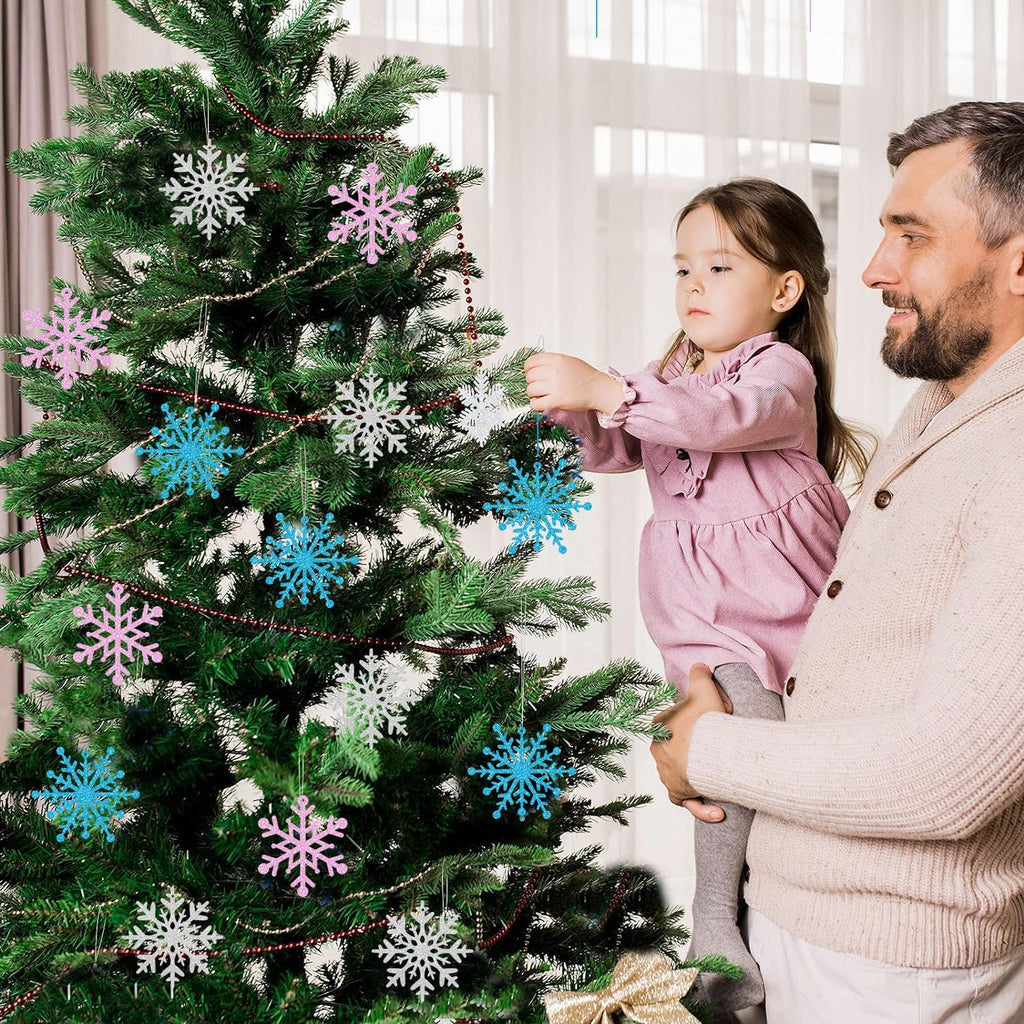 Skiennix Winter Snowflake Hanging Ornaments - Sparkly Ceiling Streamers for Holiday Decor | Glitter Pink, Blue, Silver