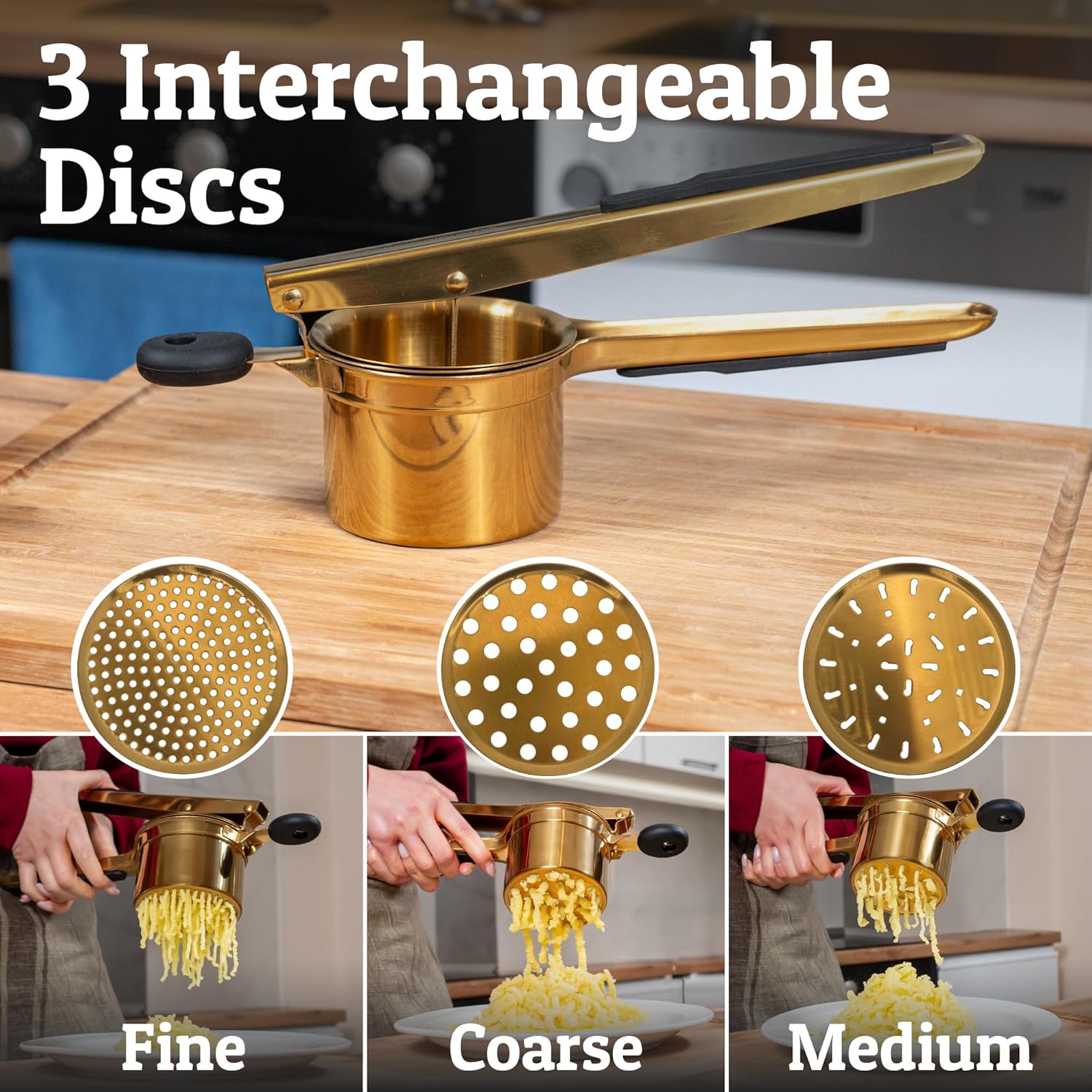 PriorityChef 15oz Potato Ricer - Heavy Duty Stainless Steel Masher With 3 Discs | Gold & Black Silicone