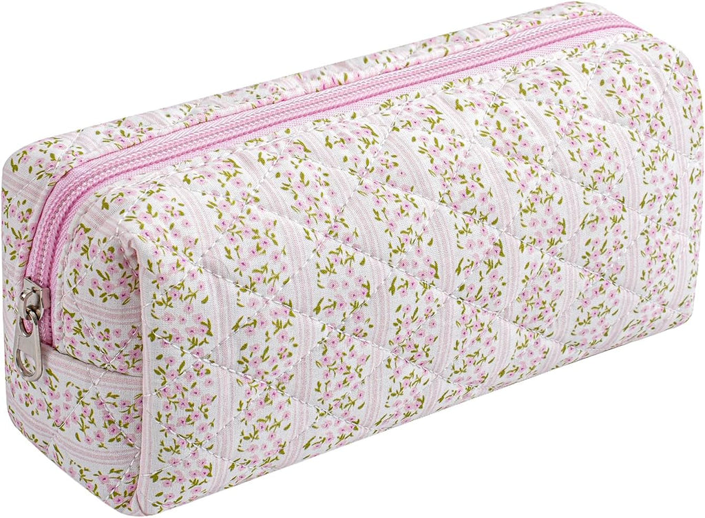 Skiennix Cute Floral Makeup Brush Bag - Quilted Travel Organizer Case | Pink Floral Design