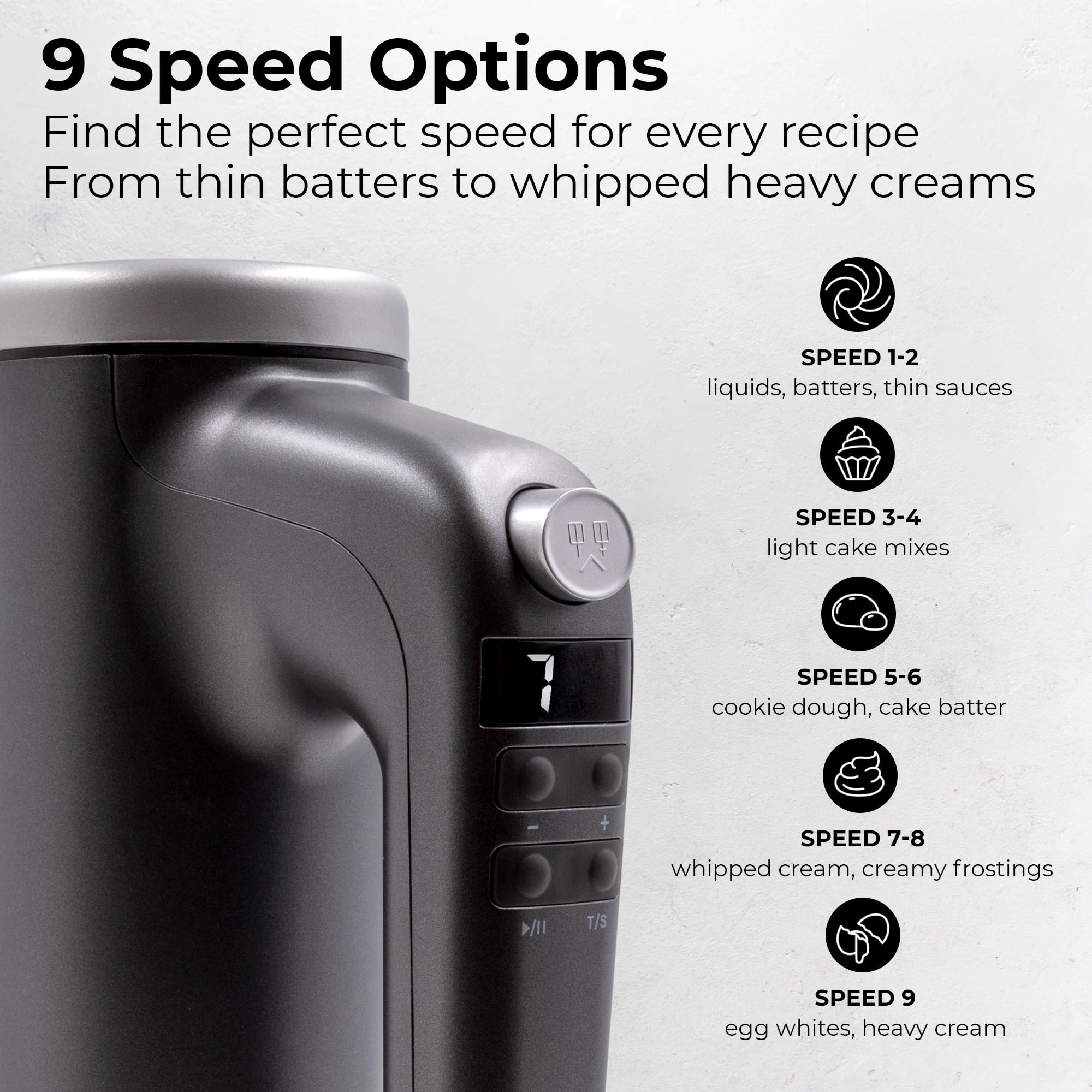 Stellagro Electric Hand Mixer 9 Speed with Stainless Steel Whisk, Flat Beater & Dough Hook, Snap Storage Case, Compact Lightweight 350 W Powerful handheld mixer for Baking & Cooking, Gray