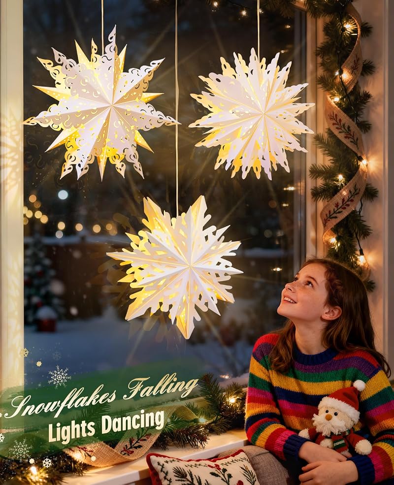 3 Pack 17.7in Paper Snowflake Lanterns with Remote, Christmas String Lights
