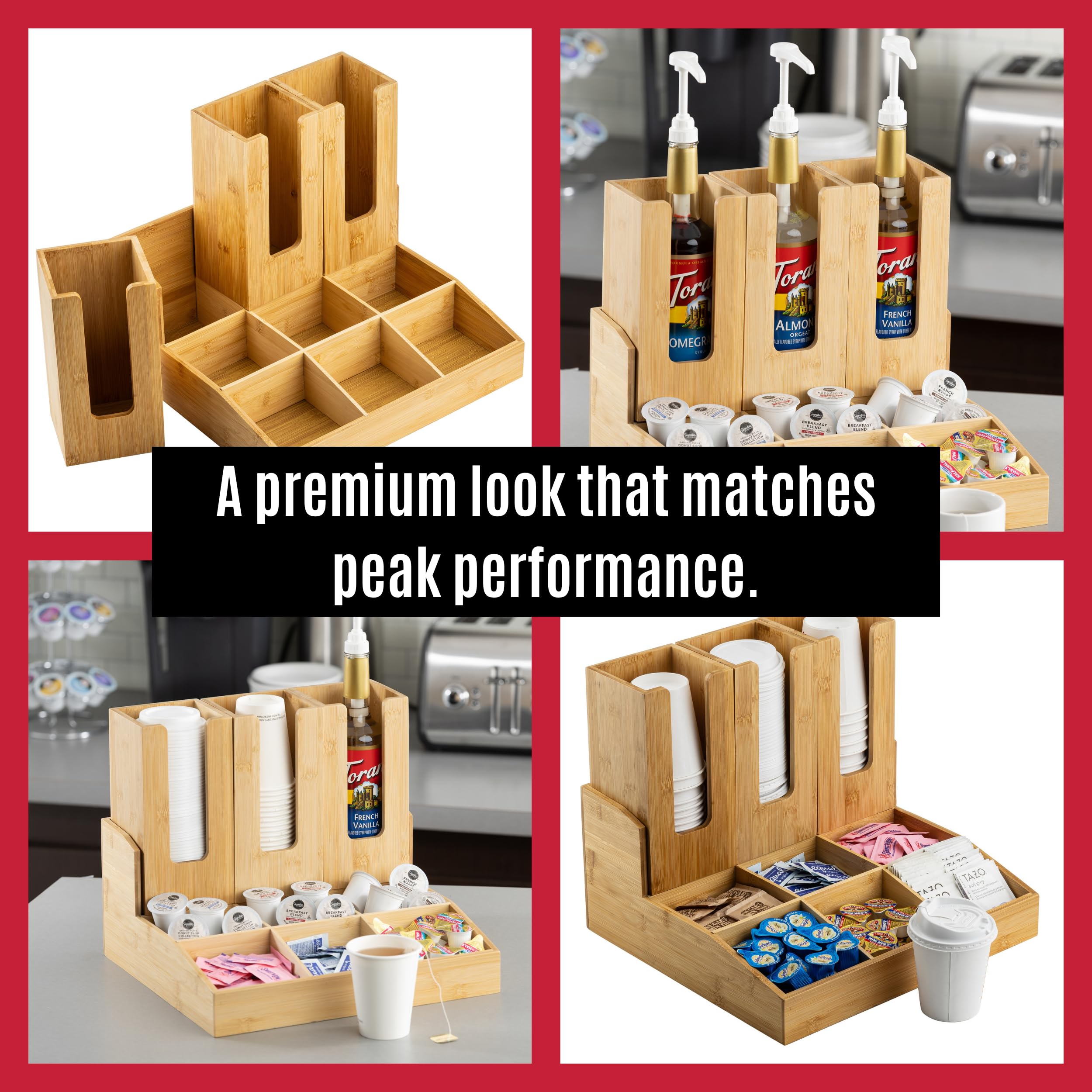 TableCraft 12689 Coffee Condiment Organizer, 9 Compartments with 3 Removable Cup/Lid Holders, Bamboo Wood, Ideal for Cafes, Breakfast Buffets, and Restaurants