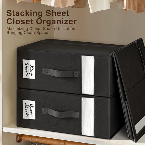 Homsorout Bed Sheet Organizer - Foldable Storage with Window & Label | XL Black Bedding Storage, 6 Pack