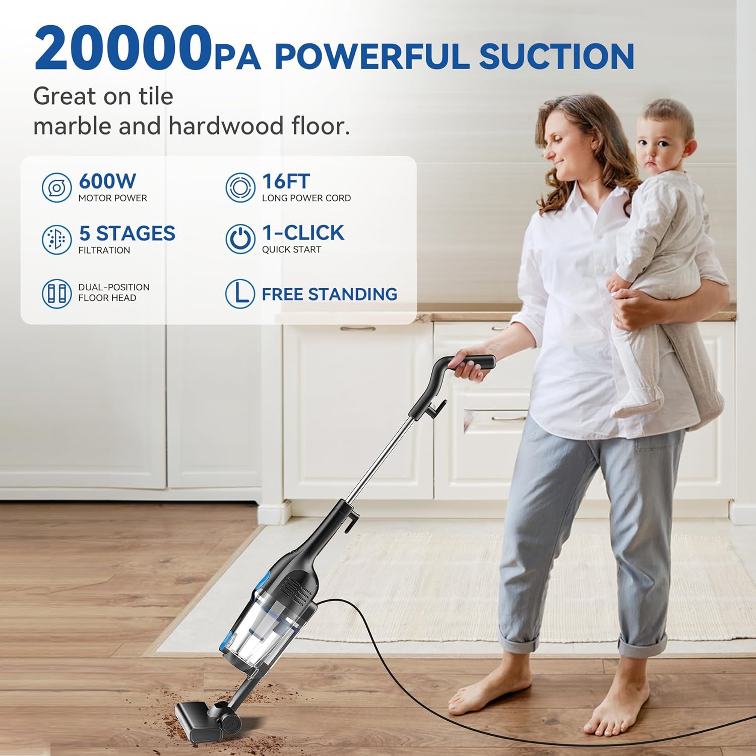Vazone R6X Corded Stick Vacuum Cleaner - 20Kpa Powerful Suction | 16Ft Cord, 2-in-1 Lightweight for Pet Hair
