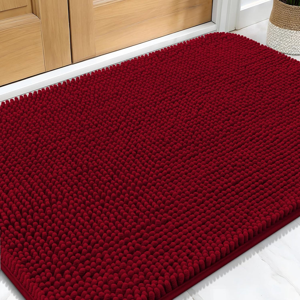 OLANLY Dog Door Mat - Absorbent Non-Slip Chenille Mat for Muddy Paws | 34x21 Red Quick Dry Indoor Carpet