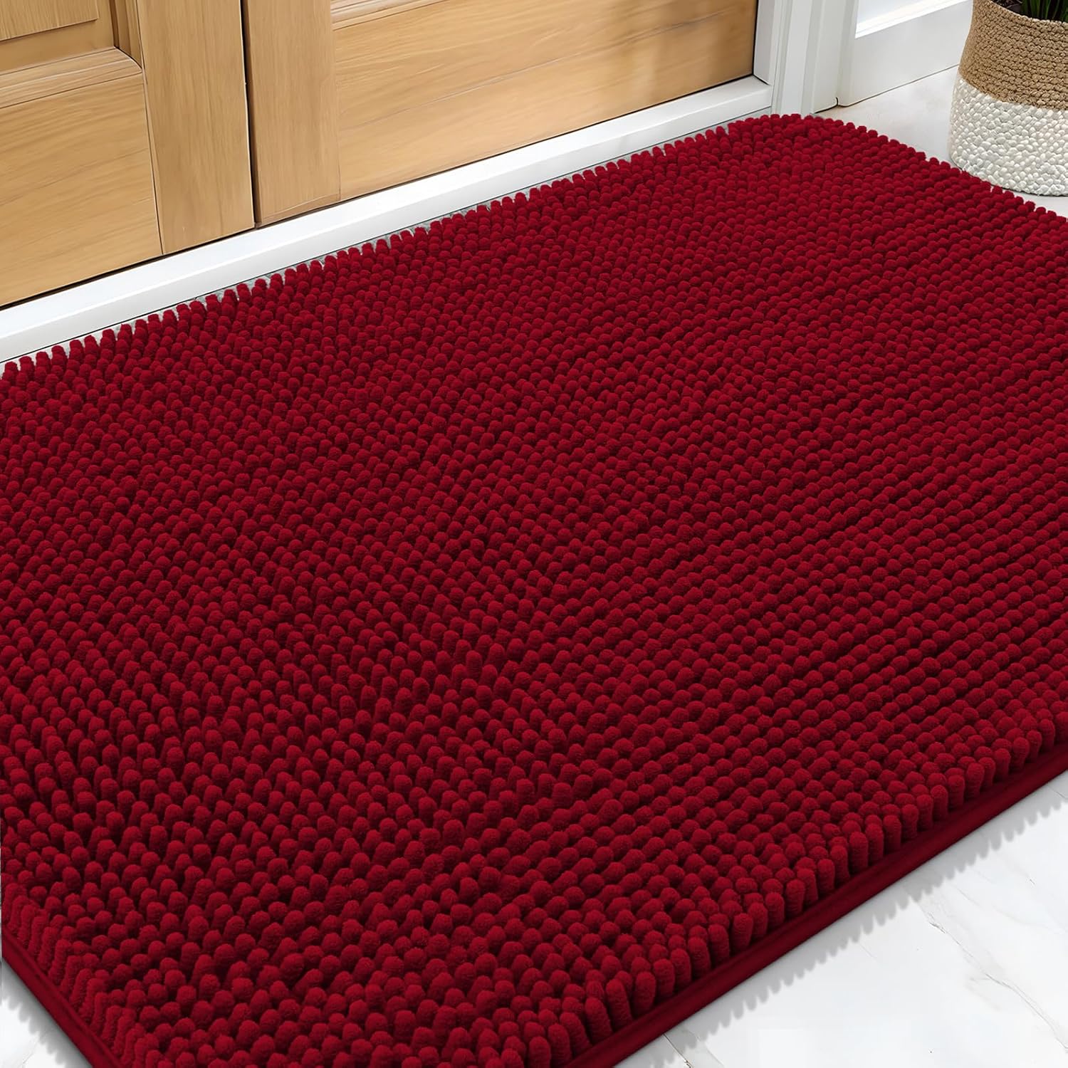 OLANLY Dog Door Mat - Absorbent Non-Slip Chenille Mat for Muddy Paws | 34x21 Red Quick Dry Indoor Carpet