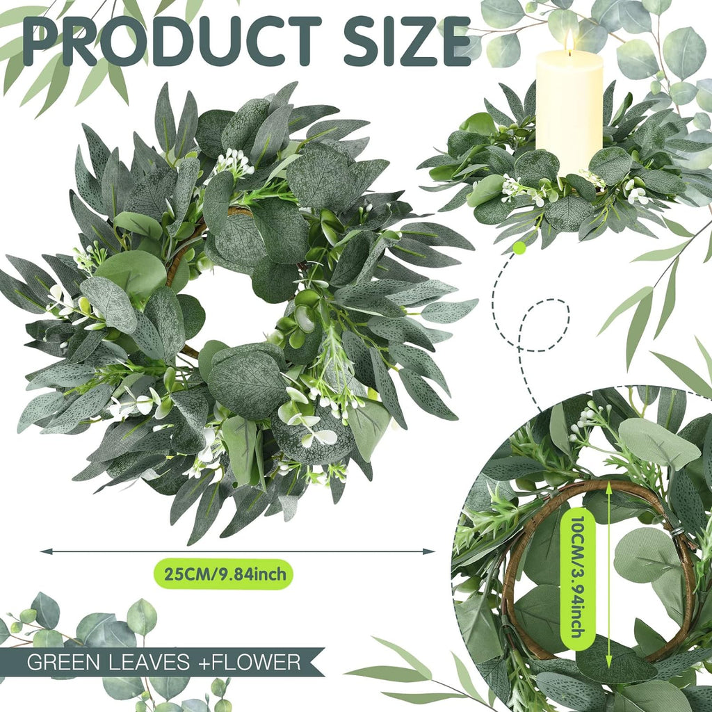 Thinkday Eucalyptus Candle Ring Set - 4 Inch Mini Artificial Wreaths for Pillar Holders | Green Floral Decor