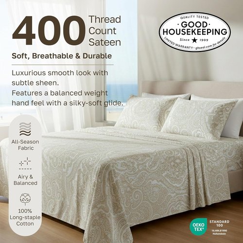 California Design Den 100% Cotton Queen Sheets - Award-Winning 400 TC, Smooth Sateen, Deep Pockets, Paisley Beige