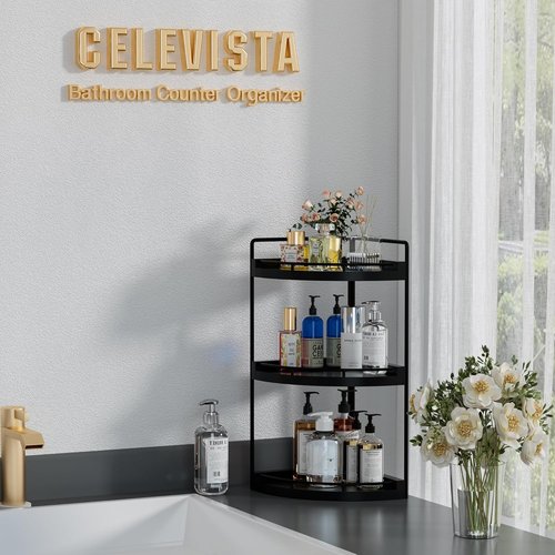 Corner Bathroom Organizer - 3 Tier Wood Vanity Shelf for Skincare & Toiletries | Black