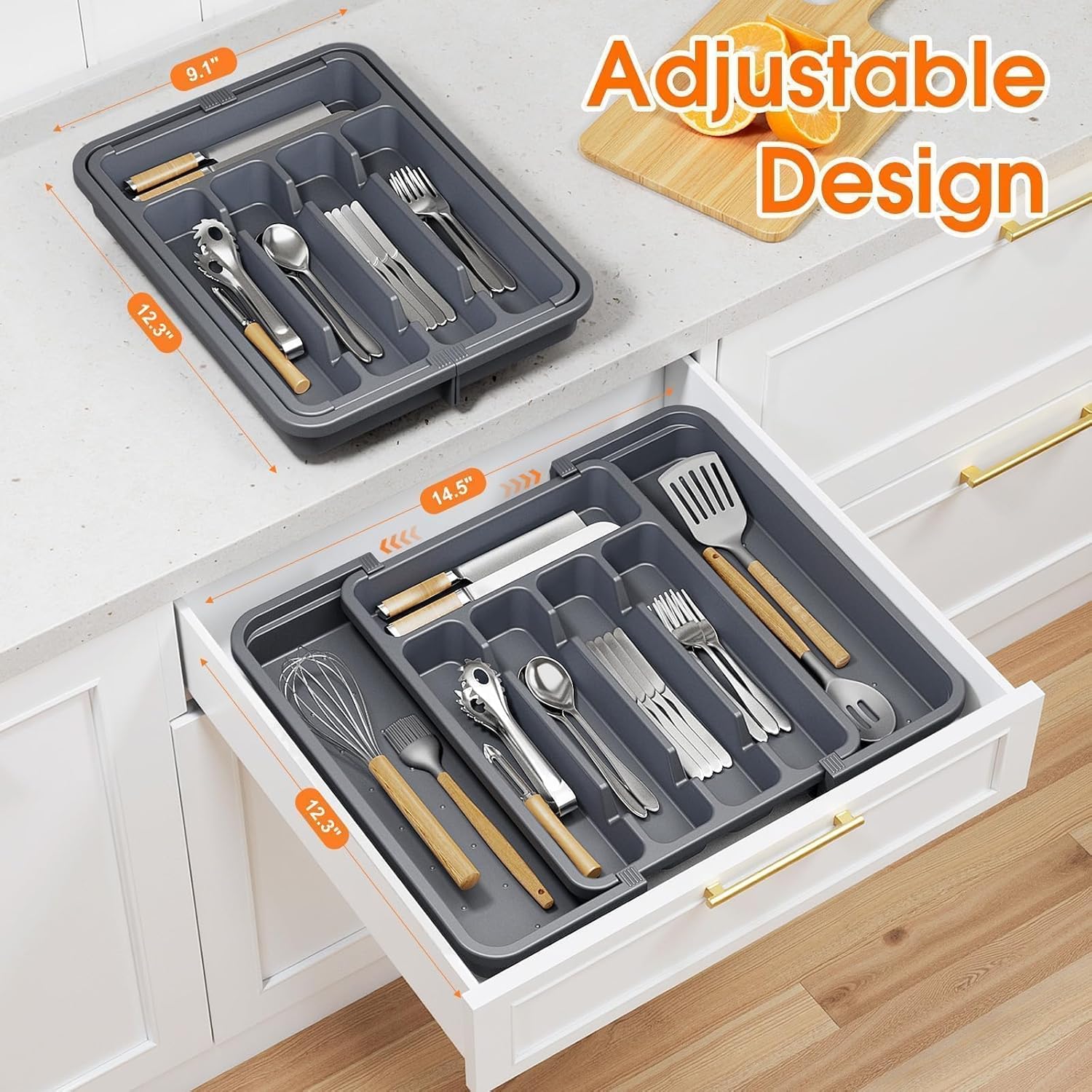 SpaceHacks Silverware Organizer - Adjustable & Expandable Utensil Drawer Holder | BPA-Free Cutlery Tray in Medium Grey