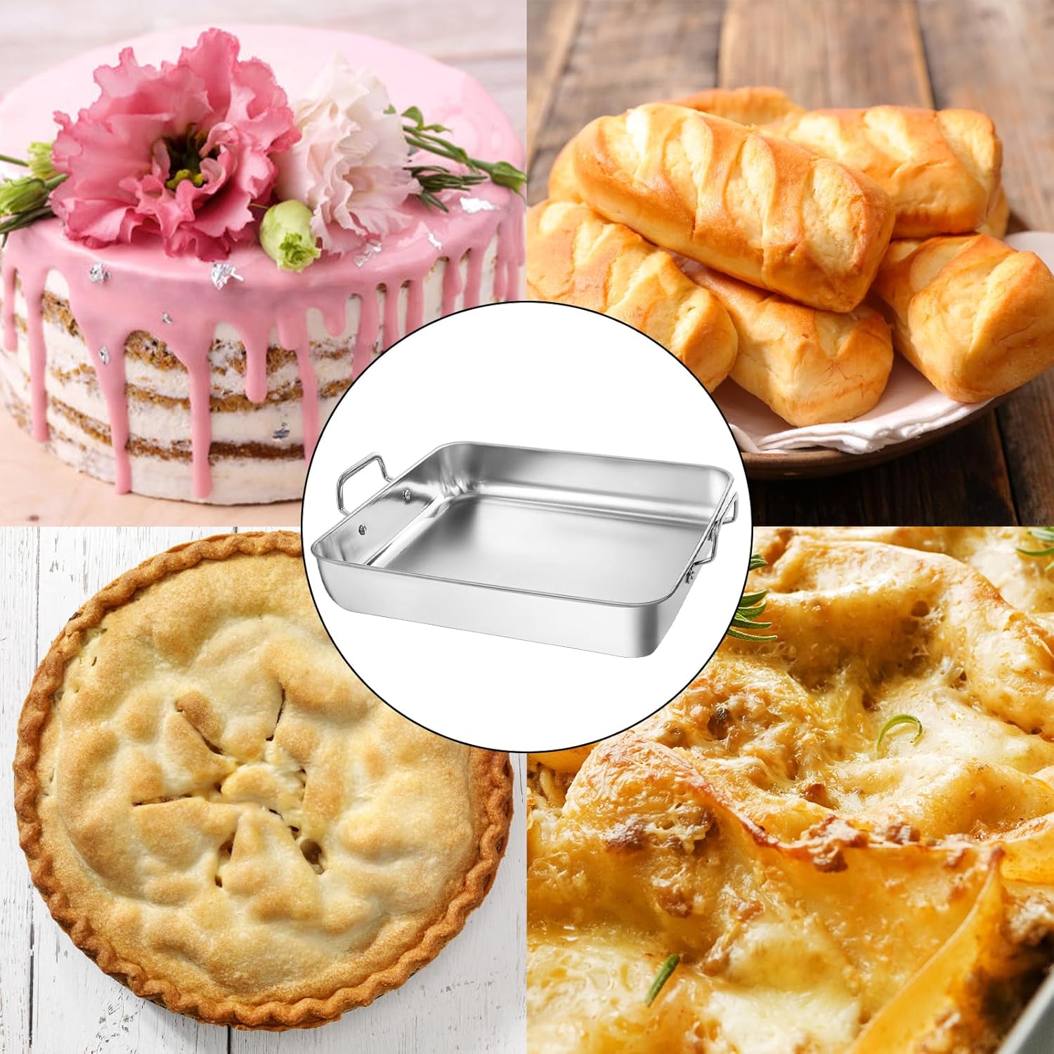 Tebery Square Cake Pan Set - Deep Stainless Steel Nonstick Baking Pans with Handles | 3-Piece Bakeware Set
