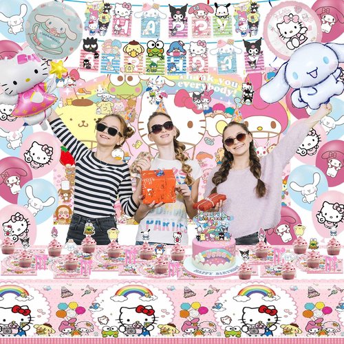 Kawaii Birthday Decorations, Cute Party Favors, Party Supplies Set Include Banner, Foil Balloons, Tablecloth, Backdrop, Cake Toppers.