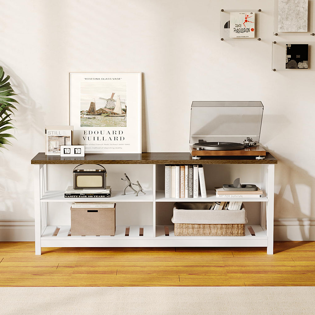 ChooChoo Farmhouse TV Stand for TVs up to 60 Inch, Modern Entertainment Center with 4 Open Shelves & Built-in Cable Holes, Media TV Console for Living Room, Bedroom, White