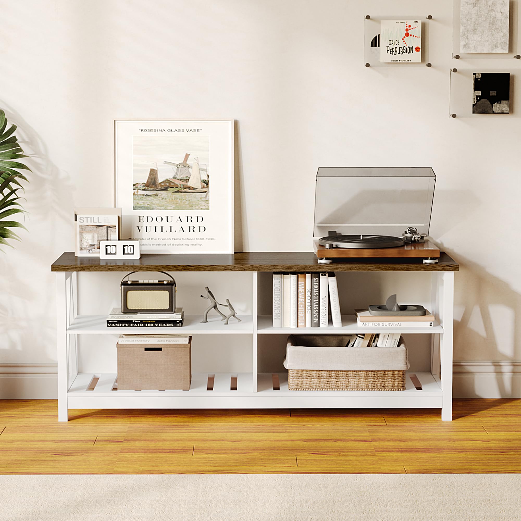 ChooChoo Farmhouse TV Stand for TVs up to 60 Inch, Modern Entertainment Center with 4 Open Shelves & Built-in Cable Holes, Media TV Console for Living Room, Bedroom, White