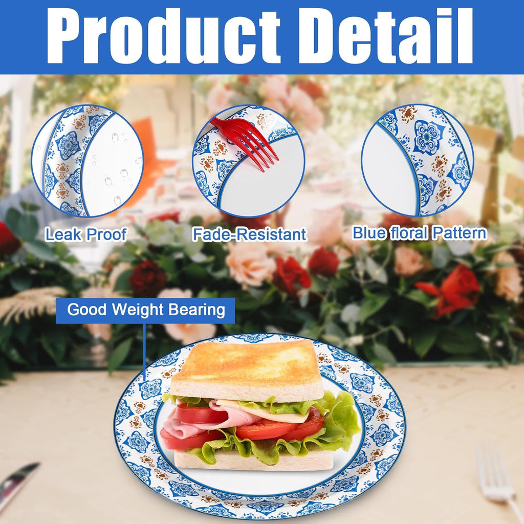 Regine Switzerland 10-Inch Blue Floral Paper Plates - 50pcs Heavy-Duty Disposable Tableware for Parties & Gatherings